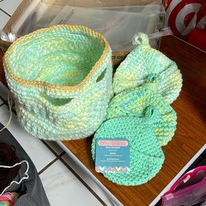 Crocheted baskets, Light Turquoise with Yellow. Handmade by me. You get all 4